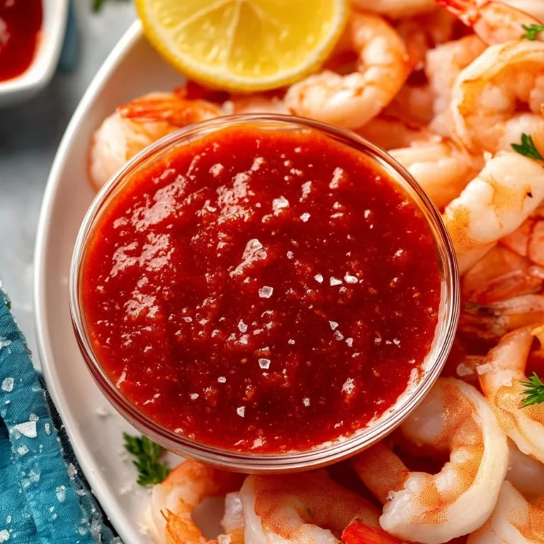 Homemade cocktail sauce served with shrimp on a plate