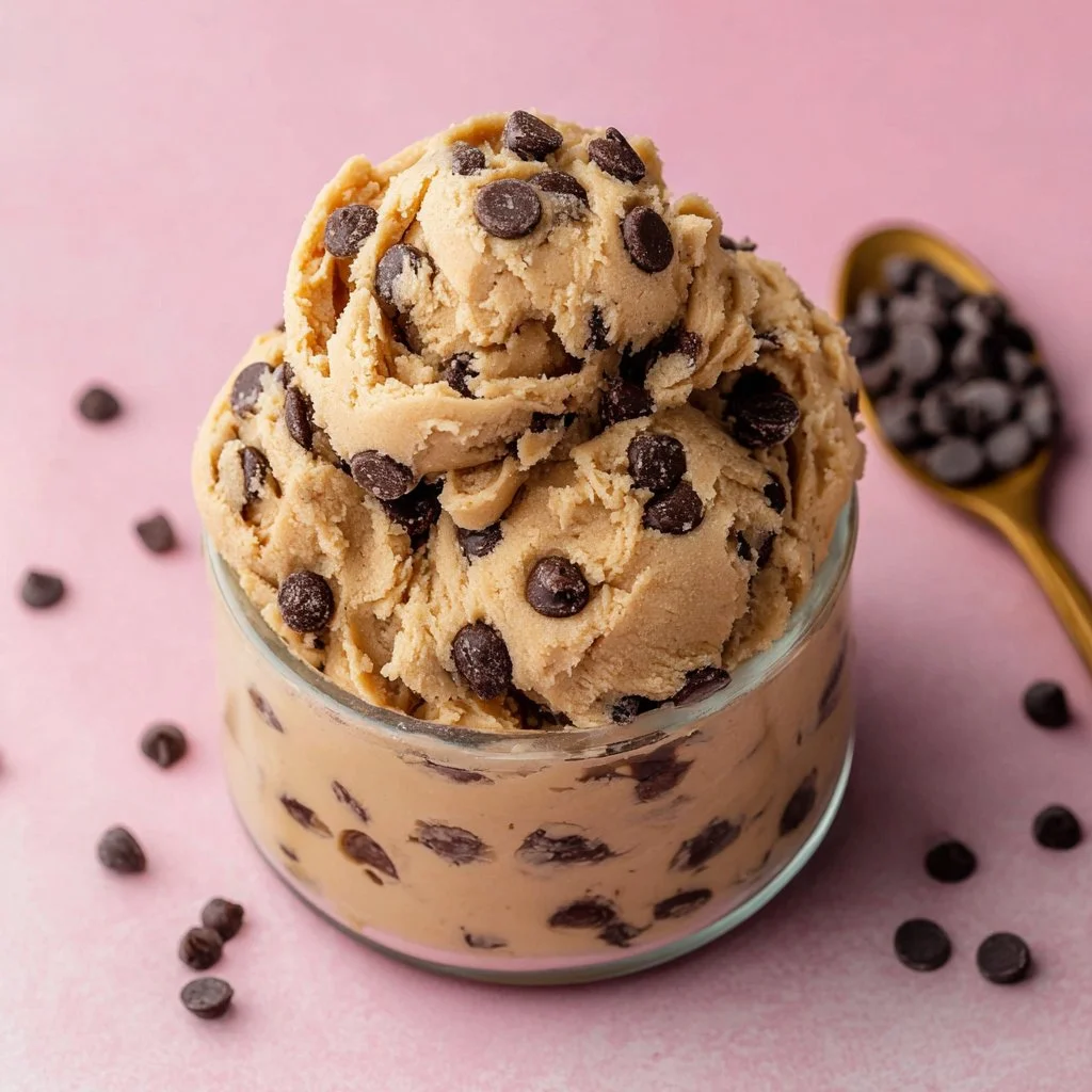 Delicious edible cookie dough in a bowl topped with chocolate chips