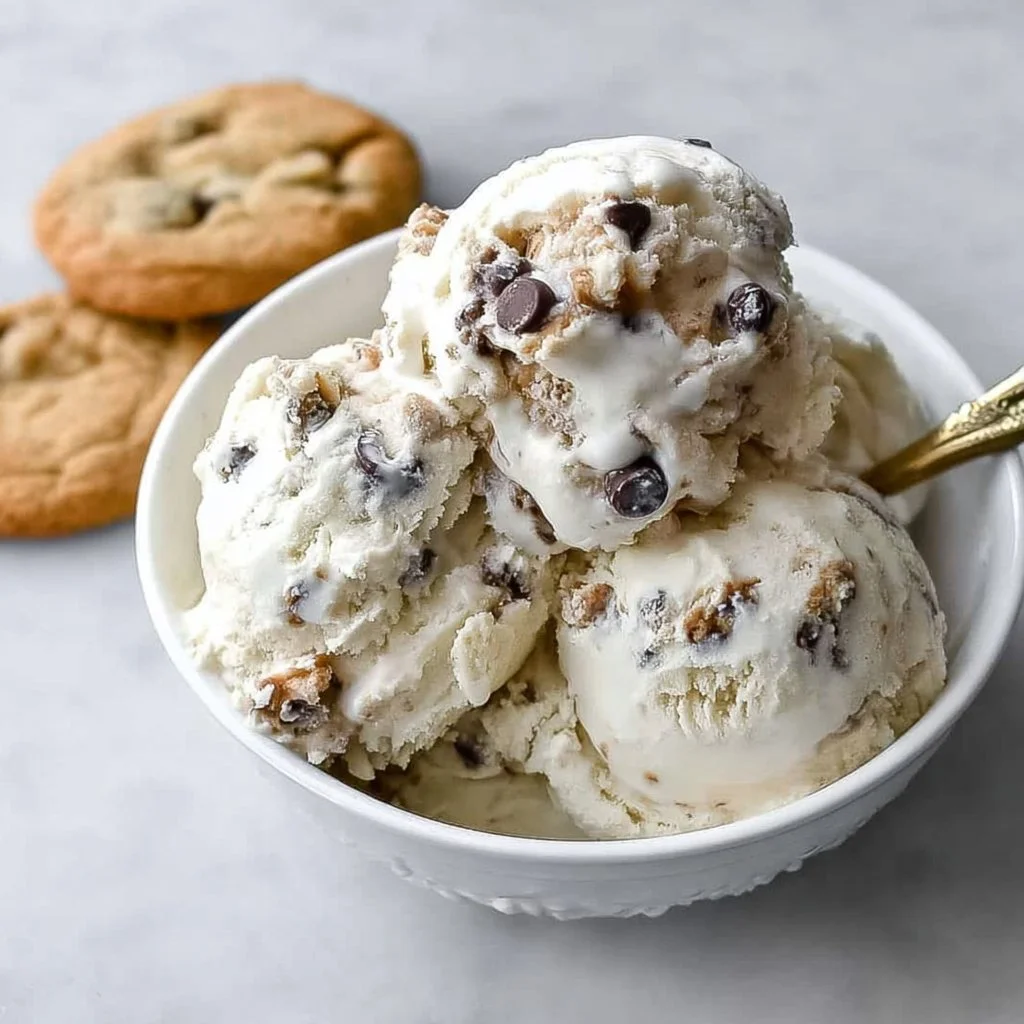 Delicious homemade chocolate chip cookie dough ice cream in a bowl