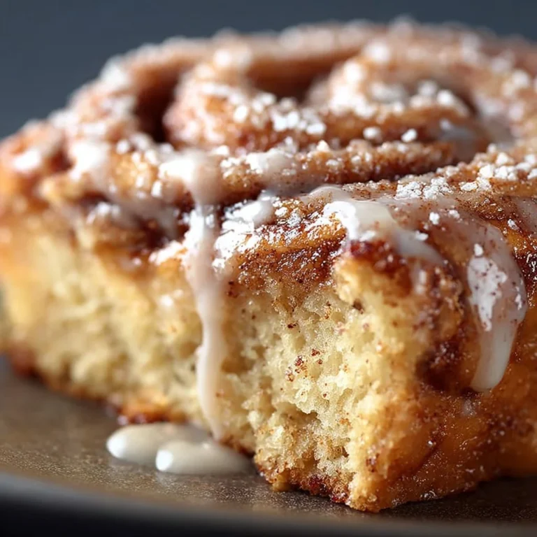 Delicious slice of easy cinnamon roll cake with icing, evoking sweet nostalgia.