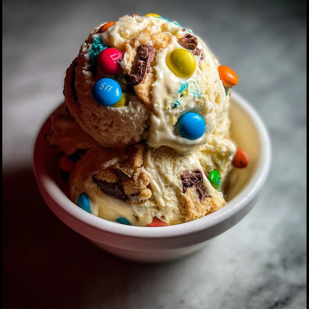 Delicious monster cookie ice cream served in a bowl with colorful toppings.