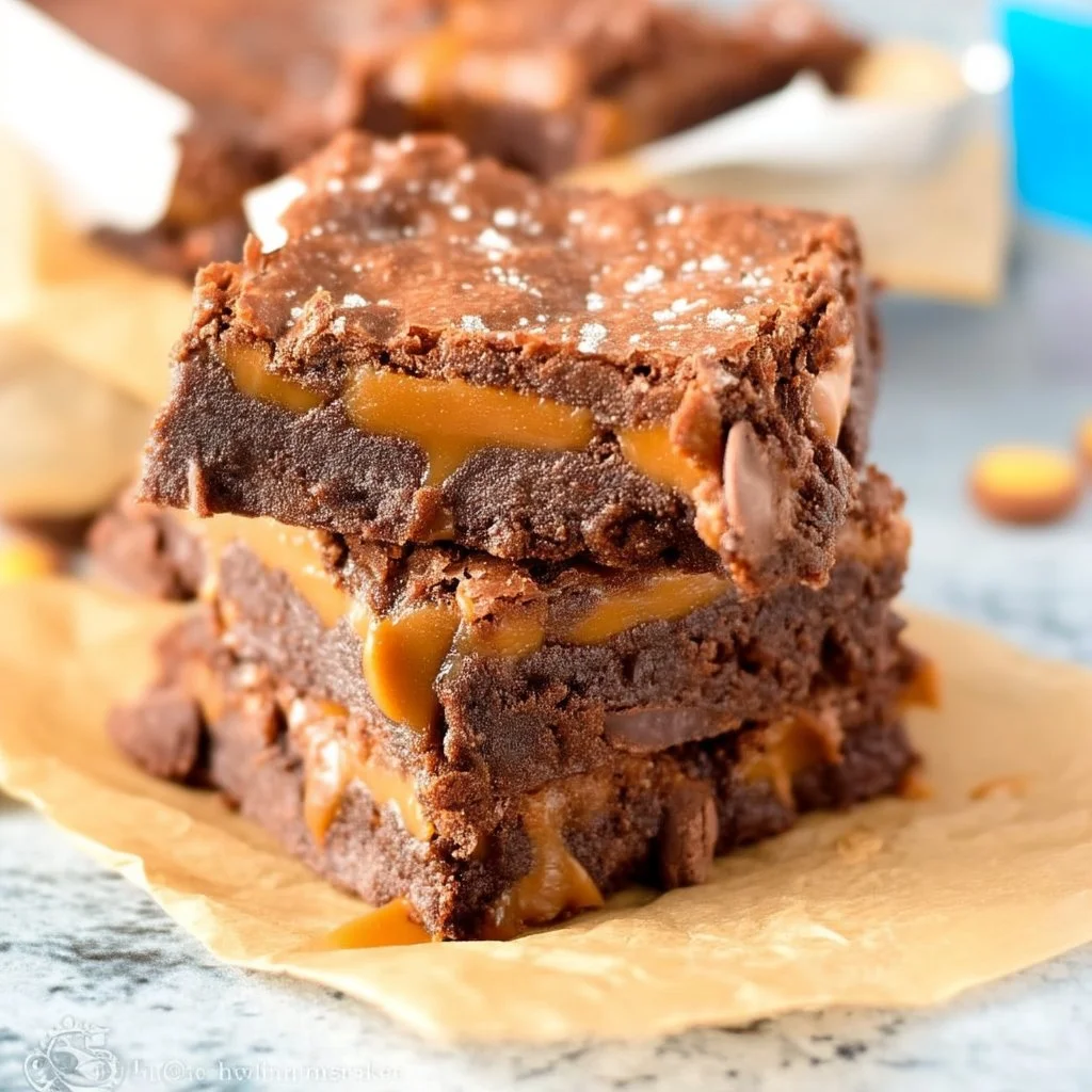 Delicious caramel brownies topped with rich caramel sauce and chocolate