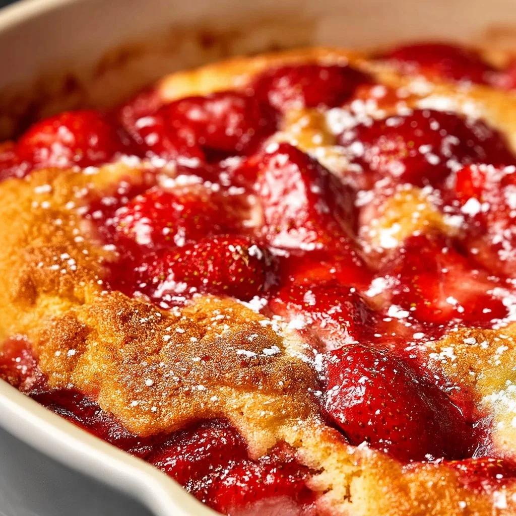 Fresh strawberry cobbler served in a rustic dish, showcasing its enticing texture and color.