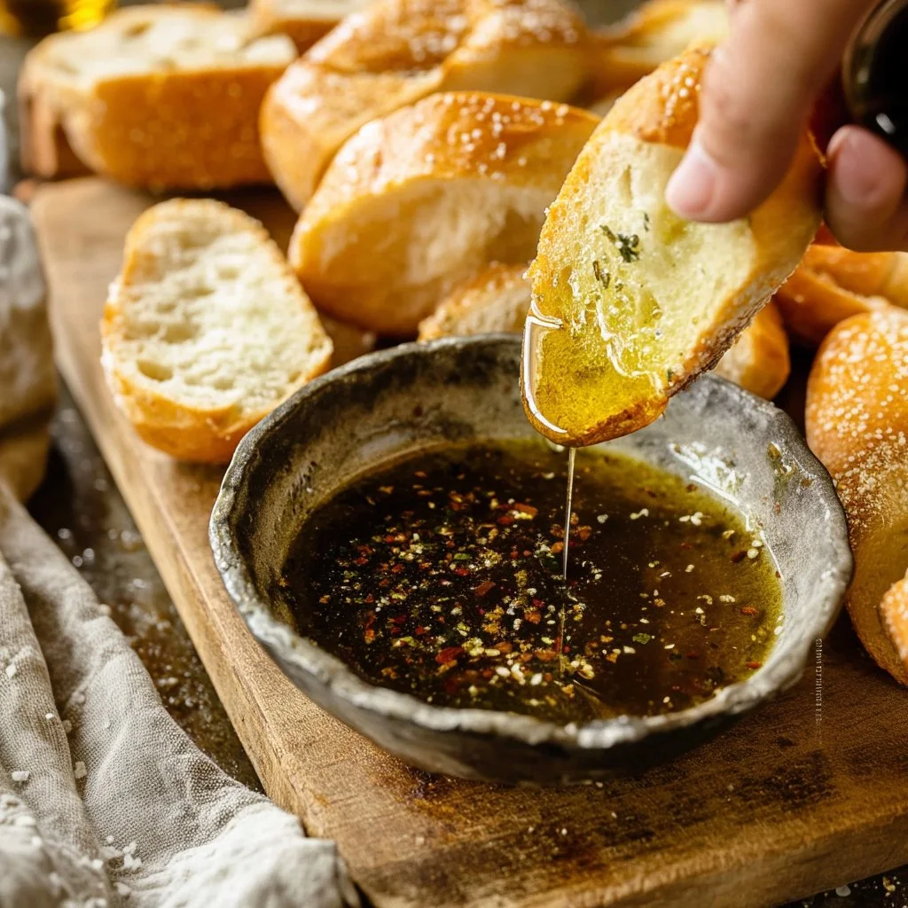 A bowl of flavorful bread dipping oil with herbs and spices for delicious dipping.