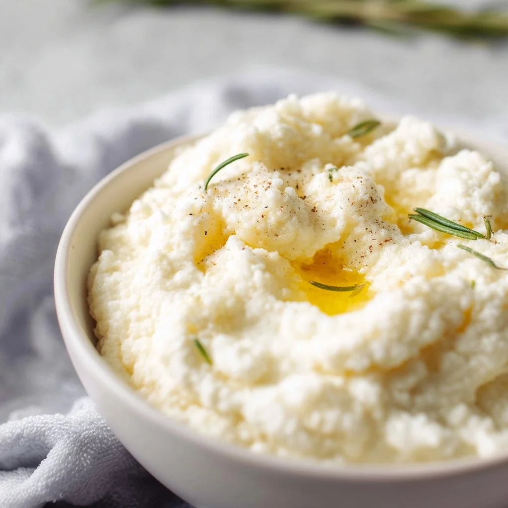 Creamy cauliflower mashed potatoes served in a bowl, healthy comfort food.