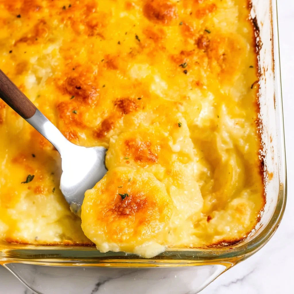 Creamy potatoes au gratin baked to perfection with cheese and herbs