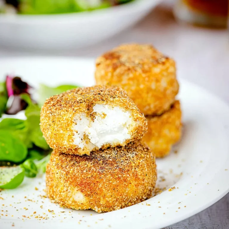 Plate of crispy fried goat cheese with herbs and garnishes