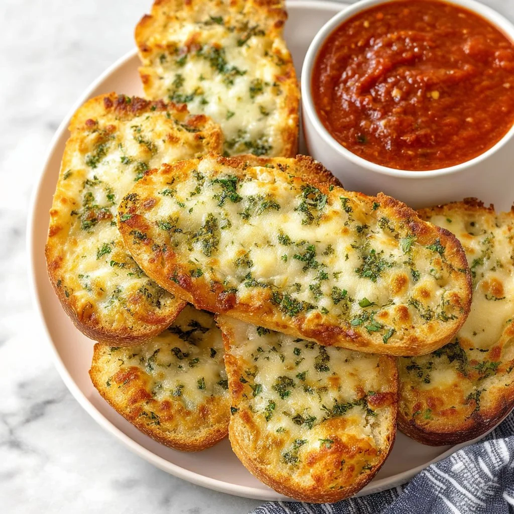 Delicious homemade garlic cheese bread topped with melted cheese