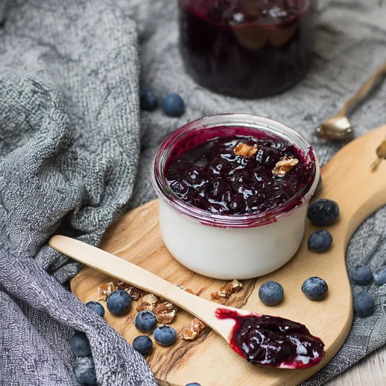 Homemade blueberry compote served over pancakes with fresh berries