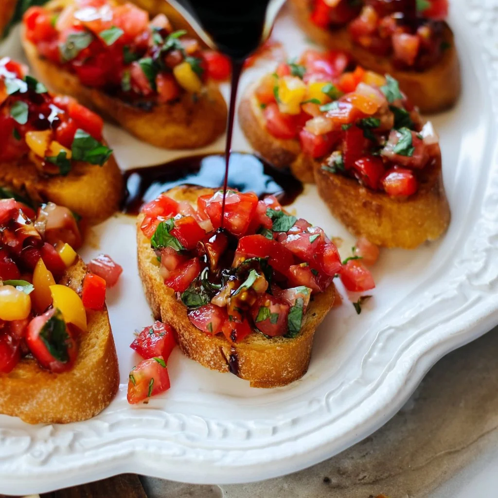 Tomato Basil Bruschetta garnished with fresh basil and a balsamic drizzle.