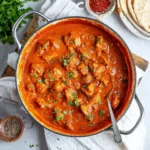Delicious homemade butter chicken dish served with rice and naan bread.