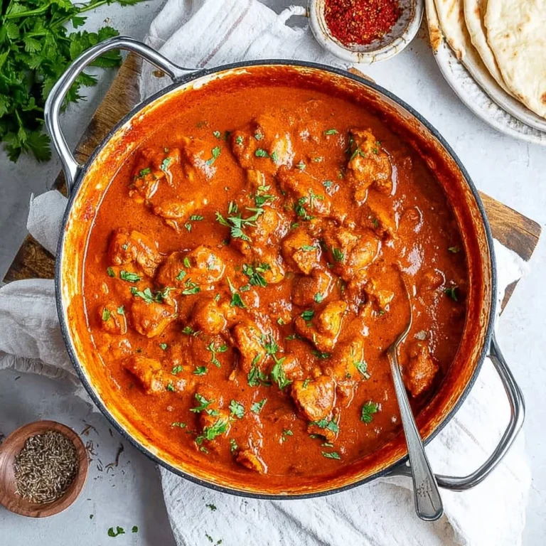 Delicious homemade butter chicken dish served with rice and naan bread.