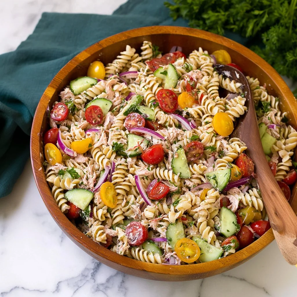 Bowl of Tuna Pasta Salad garnished with fresh herbs and vegetables