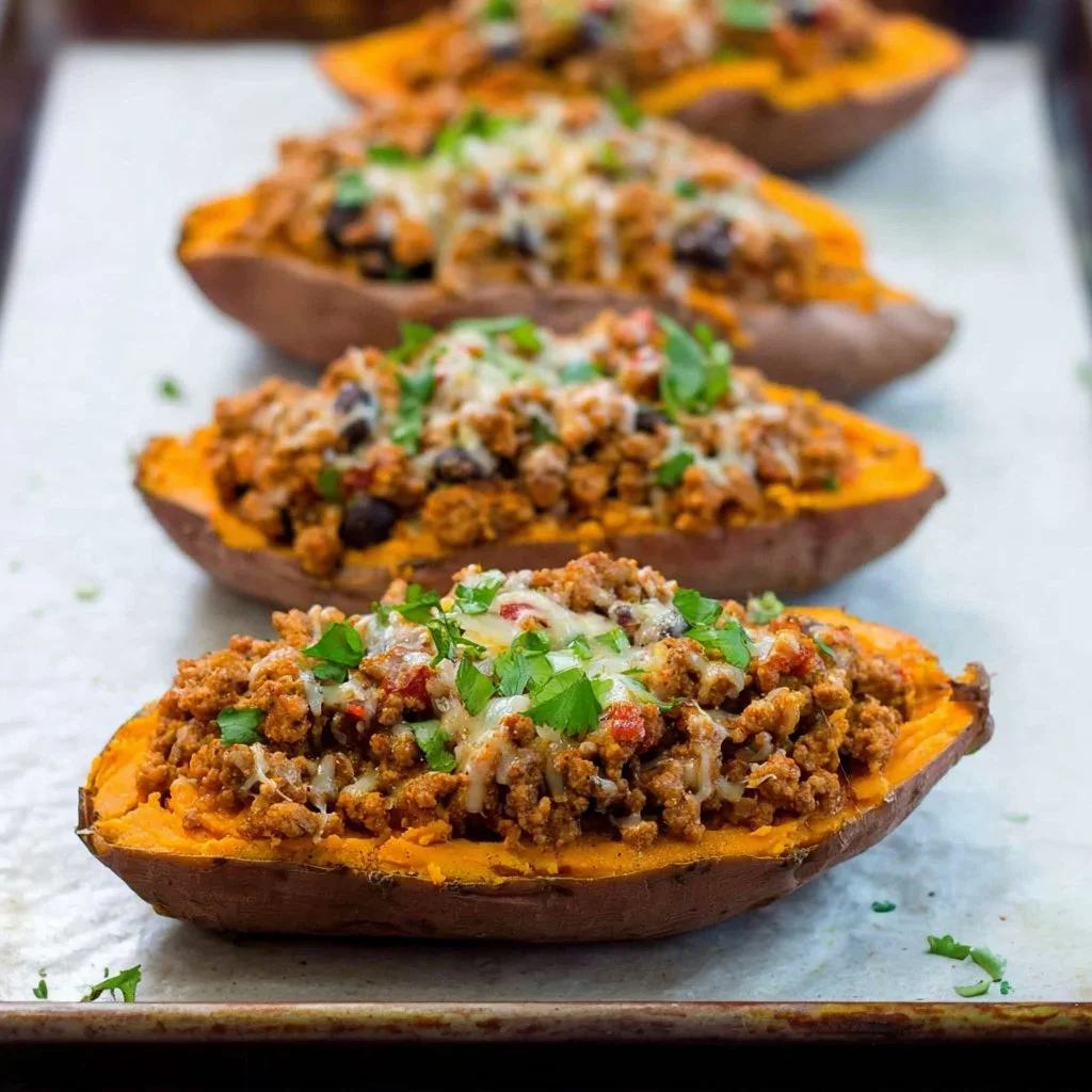 Delicious Turkey Taco Stuffed Sweet Potatoes topped with fresh ingredients