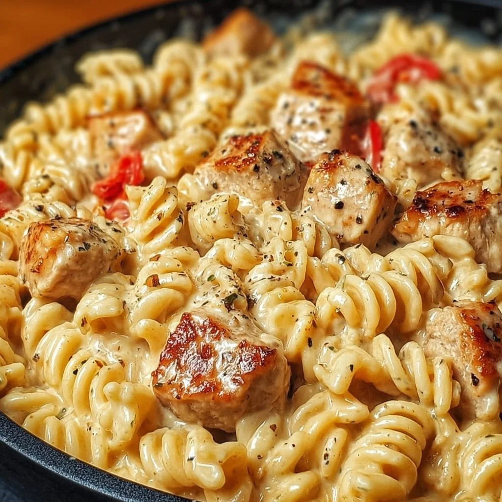 Creamy pepper jack pasta with chicken and sausage served in a bowl