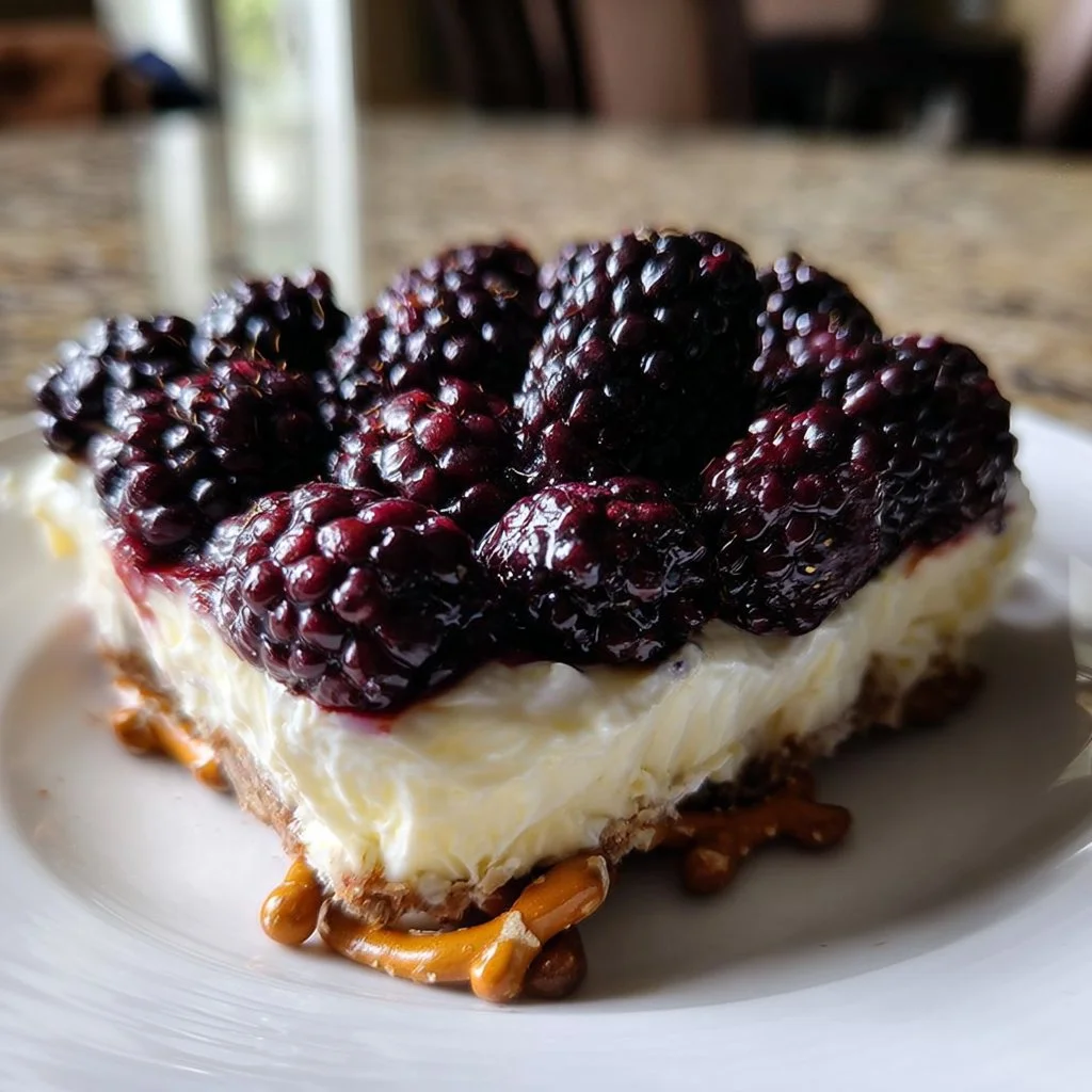 Delicious blackberry pretzel dessert with creamy topping and berry garnish