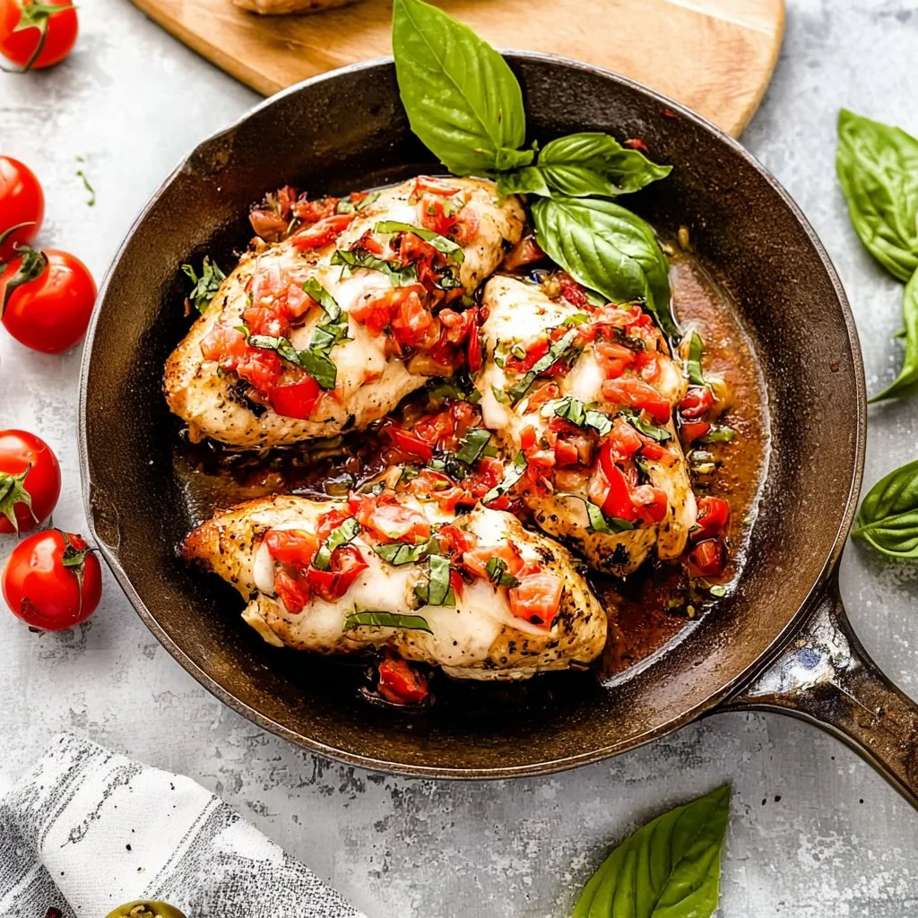 Delicious bruschetta chicken topped with fresh tomatoes and basil on a plate