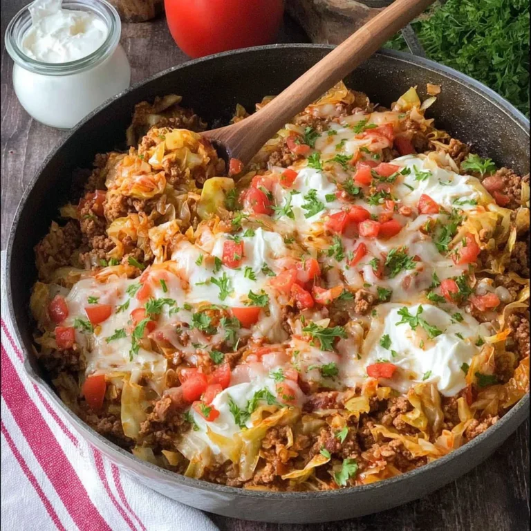 Delicious unstuffed cabbage roll skillet served in a pan with fresh ingredients