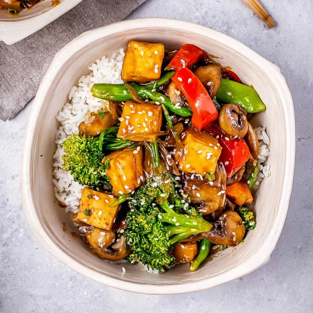 Colorful vegan tofu stir fry loaded with vegetables in a bowl