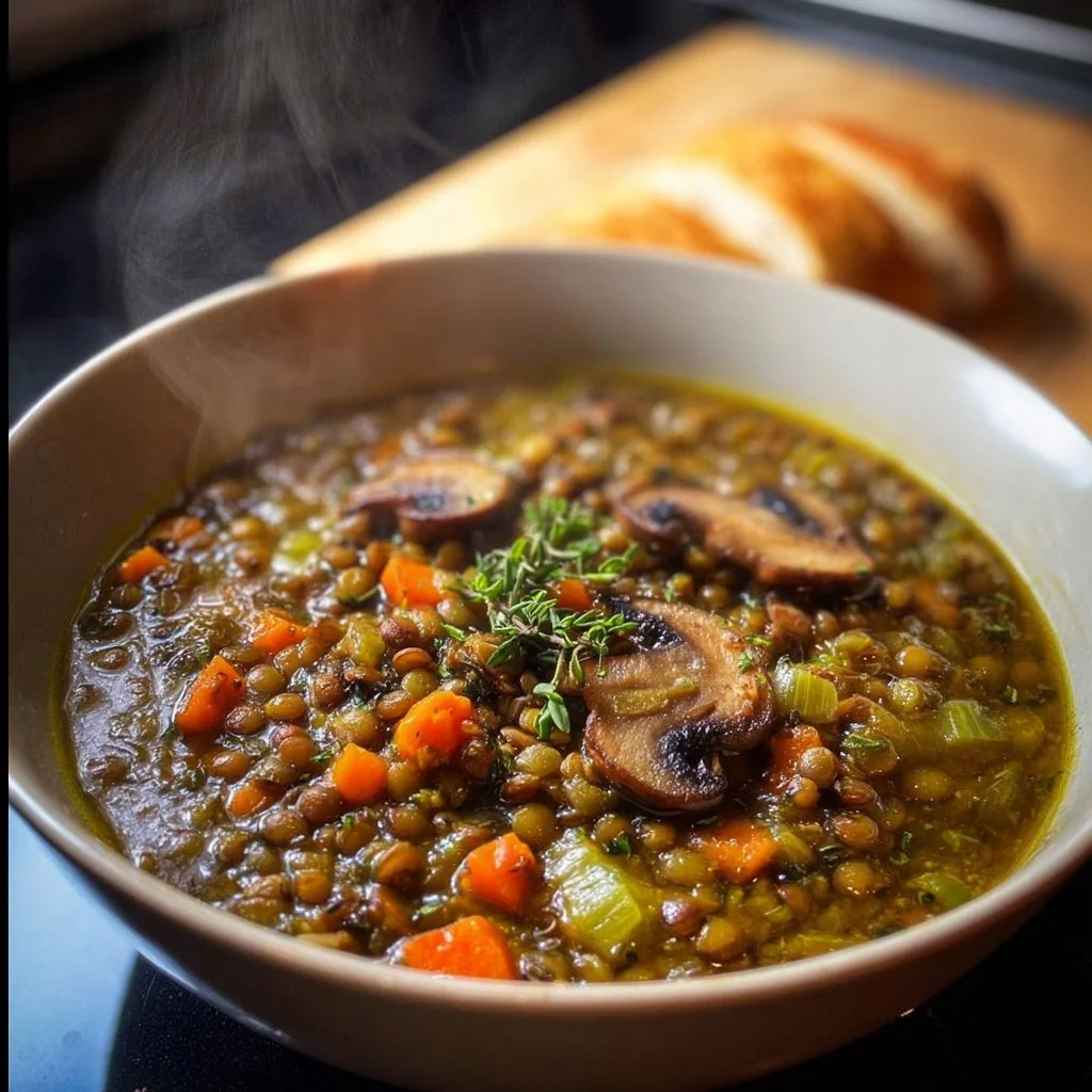 A bowl of hearty French lentil mushroom soup with fresh herbs and mushrooms