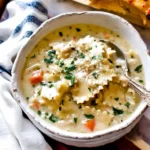 Bowl of white chicken lasagna soup topped with herbs and cheese
