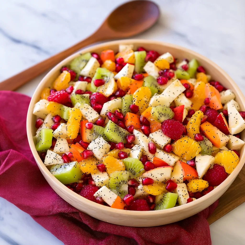 Winter fruit salad with lemon poppy seed dressing in a bowl