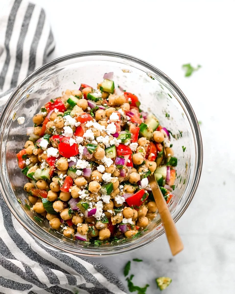 Fresh Mediterranean Chickpea Salad with veggies and dressing on a plate