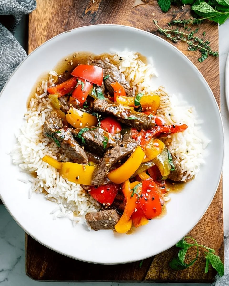 20 Minute Pepper Steak Stir Fry with colorful bell peppers and tender beef