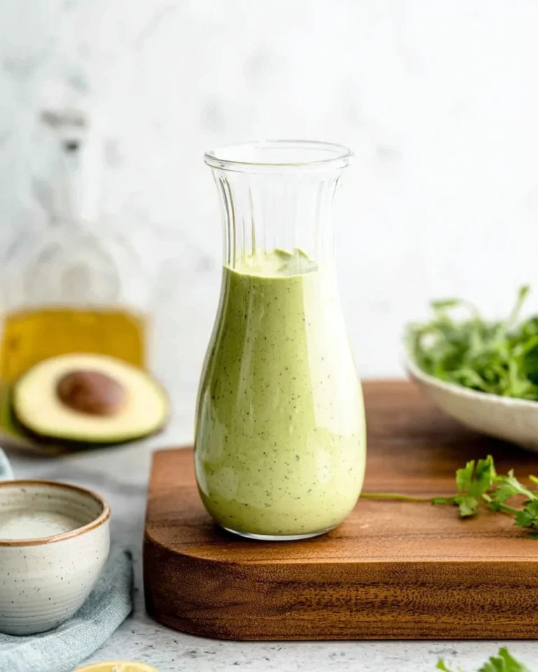 5-Ingredient creamy avocado dressing in a bowl with fresh ingredients