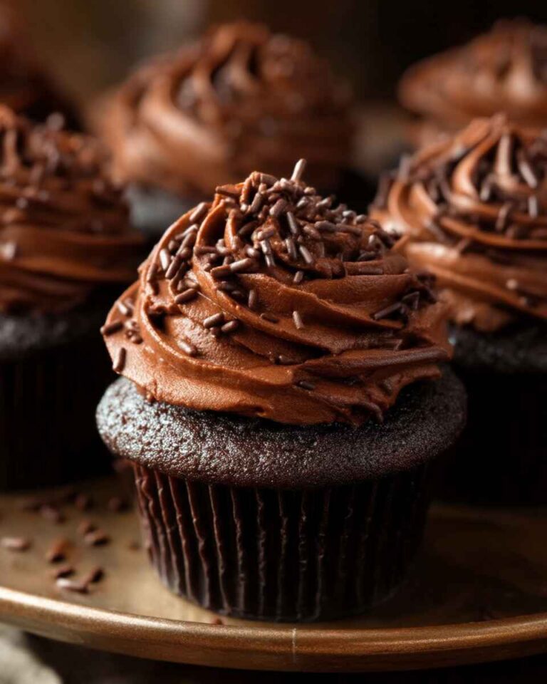 Homemade moist chocolate cupcakes topped with chocolate frosting