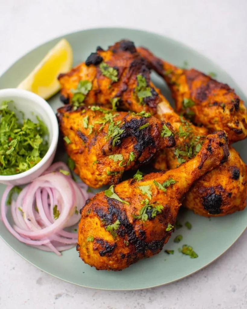 Air fryer tandoori chicken with spices and herbs served on a plate.