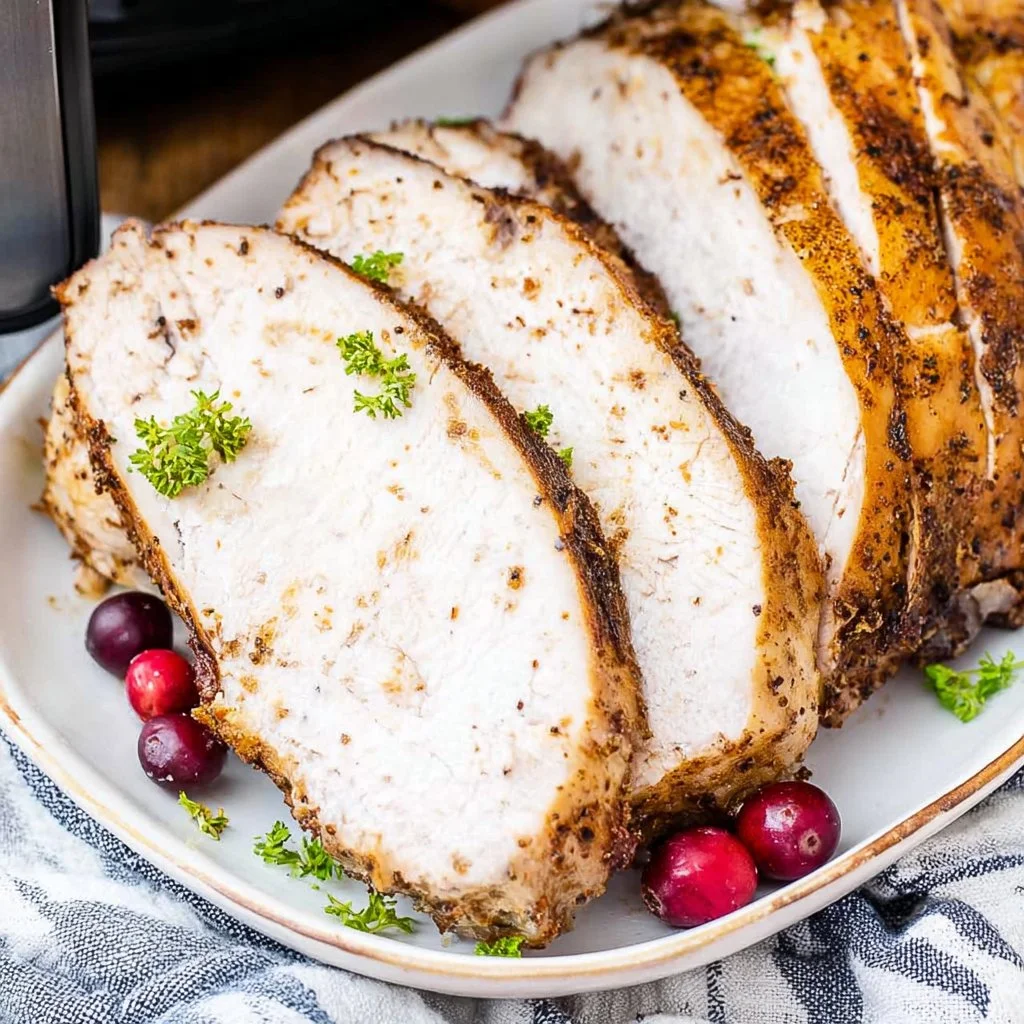 Deliciously cooked air fryer turkey breast ready to serve.