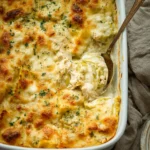 Delicious Alfredo Ravioli Casserole topped with cheese and herbs