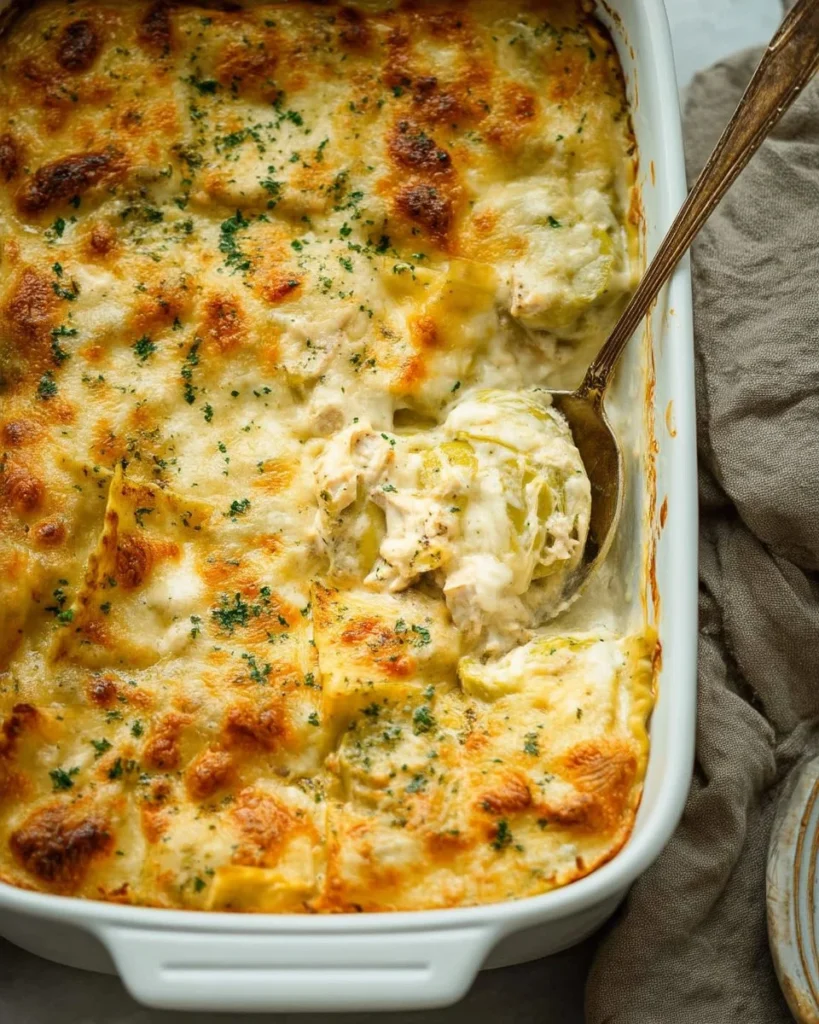 Delicious Alfredo Ravioli Casserole topped with cheese and herbs