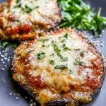 Delicious Portobello Mushroom Parmesan topped with cheese and herbs