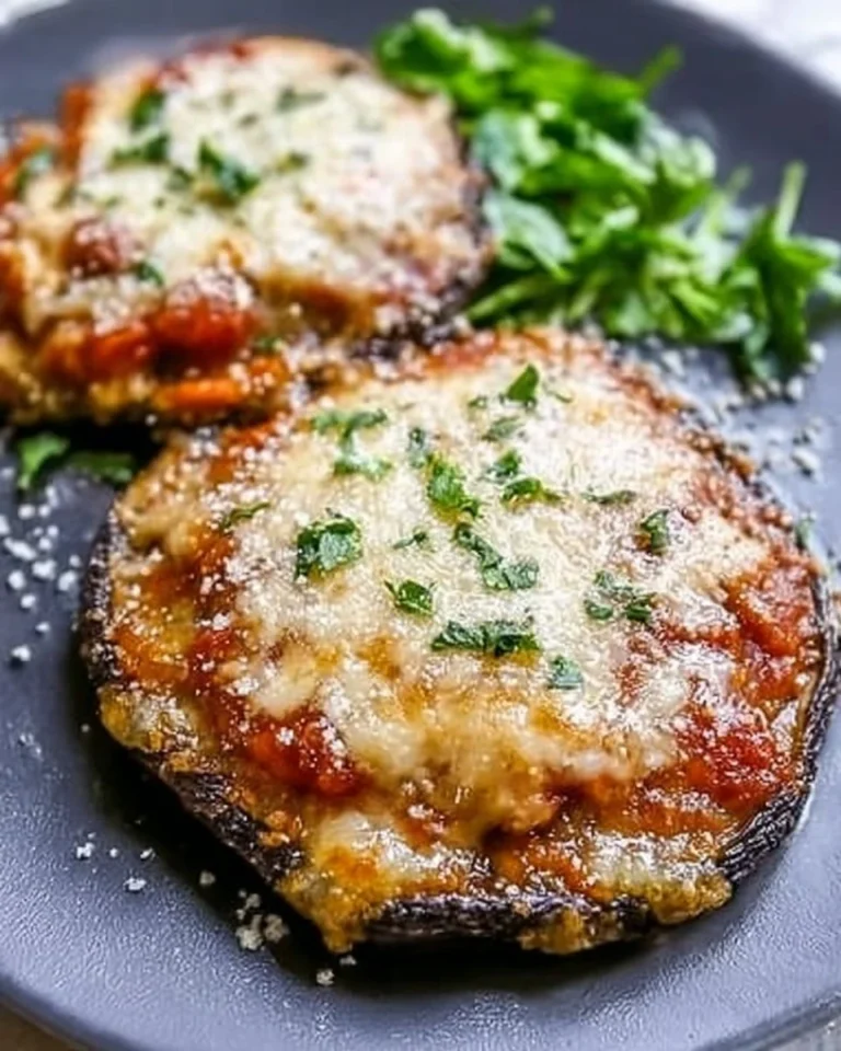 Delicious Portobello Mushroom Parmesan topped with cheese and herbs