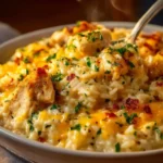 Baked Angel Chicken and Rice Casserole served in a dish with herbs and vegetables