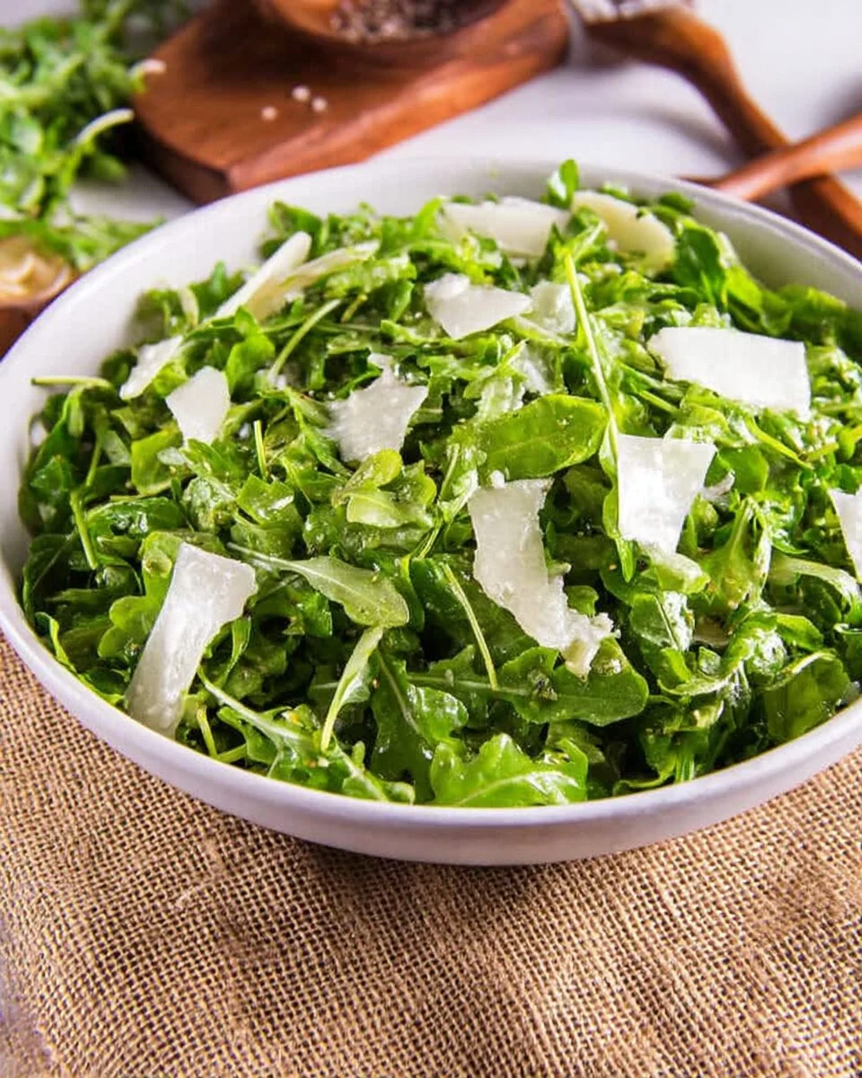 Arugula salad topped with lemon vinaigrette dressing and fresh ingredients
