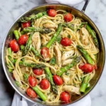 Delicious plate of asparagus chicken pasta garnished with parsley.