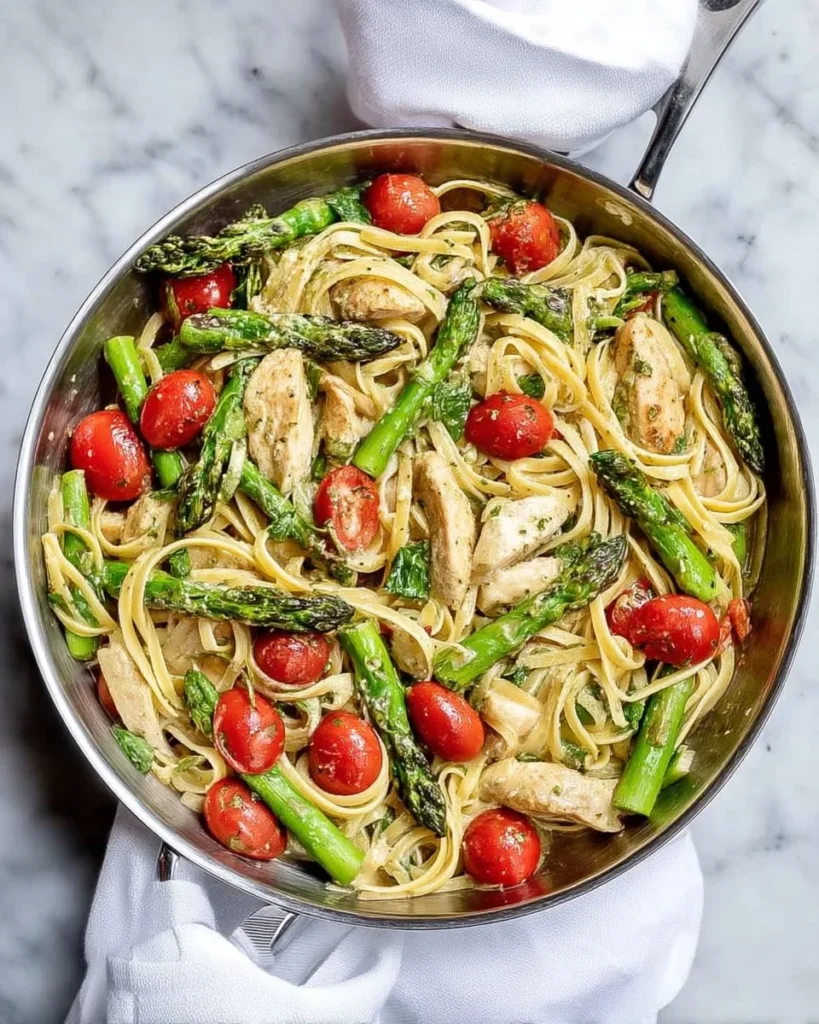Delicious plate of asparagus chicken pasta garnished with parsley.