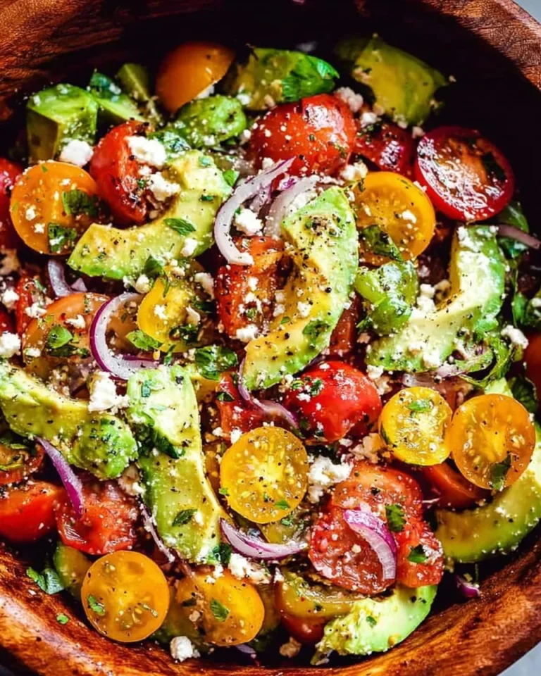 A vibrant Avocado Tomato Salad garnished with fresh herbs and lime.