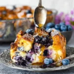 Baked blueberry French toast casserole served on a plate with fresh blueberries