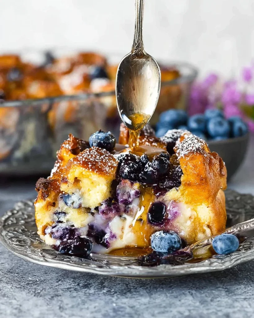 Baked blueberry French toast casserole served on a plate with fresh blueberries