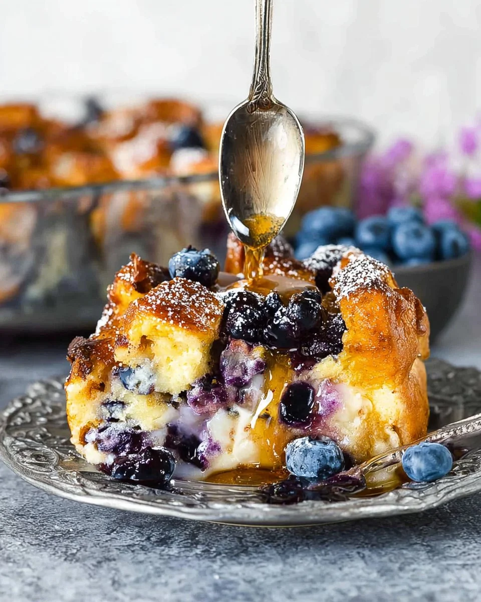 Baked blueberry French toast casserole served on a plate with fresh blueberries