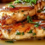 Baked boneless skinless chicken breast on a plate with herbs and spices
