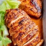 Baked Buffalo Chicken Breast garnished with herbs and served on a plate