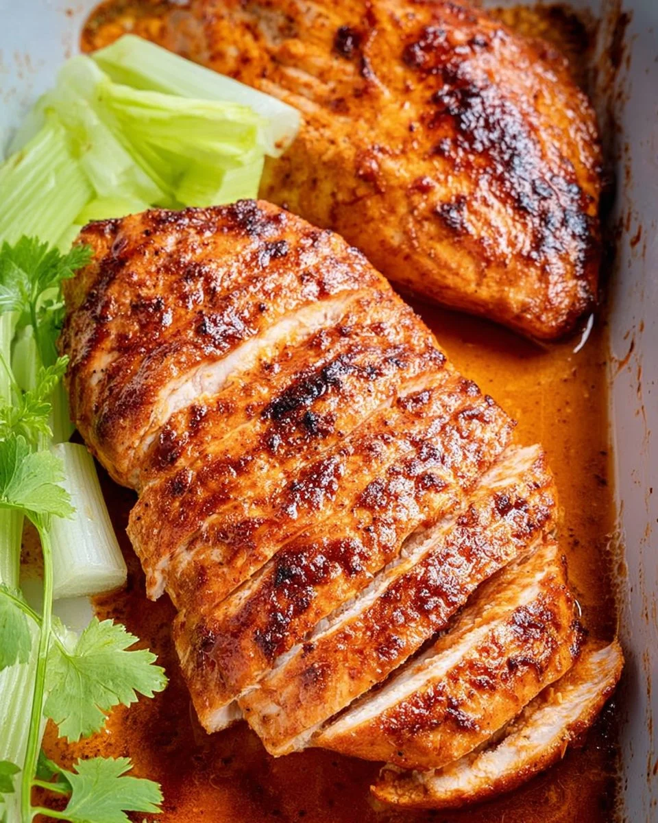Baked Buffalo Chicken Breast garnished with herbs and served on a plate