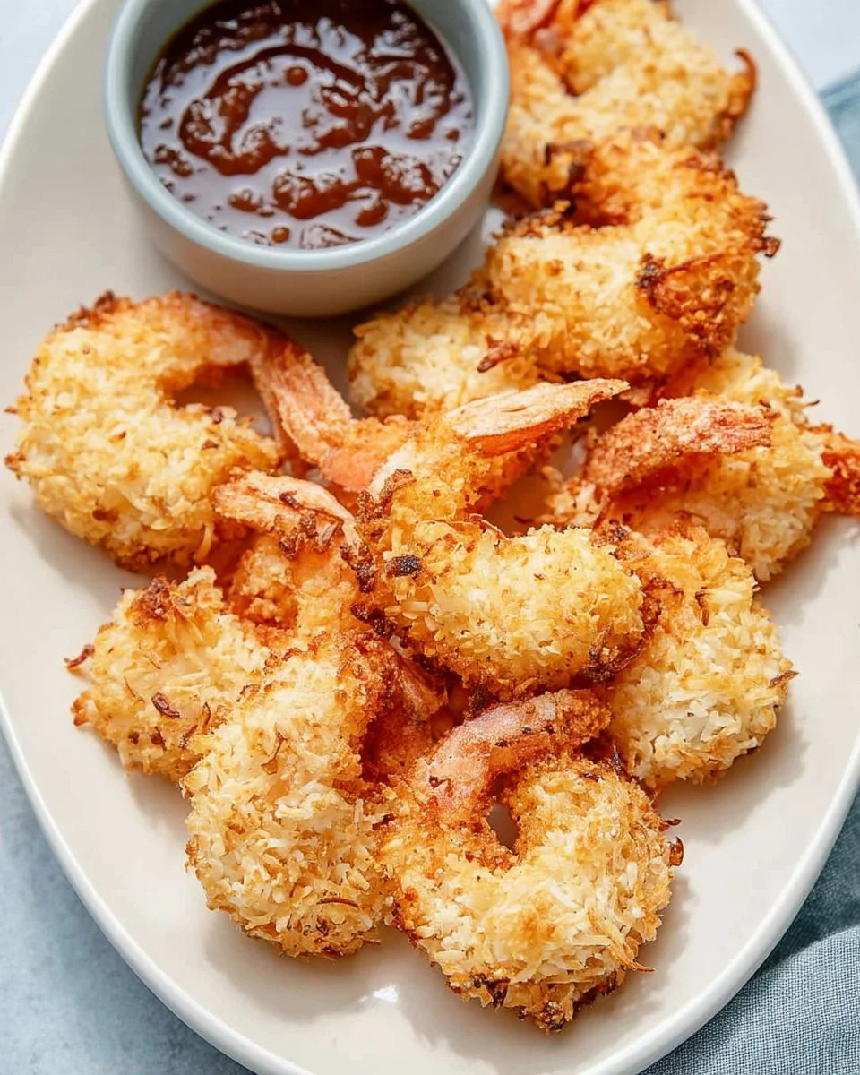 Plate of baked coconut shrimp garnished with fresh herbs