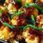 Plate of baked orange cauliflower garnished with herbs