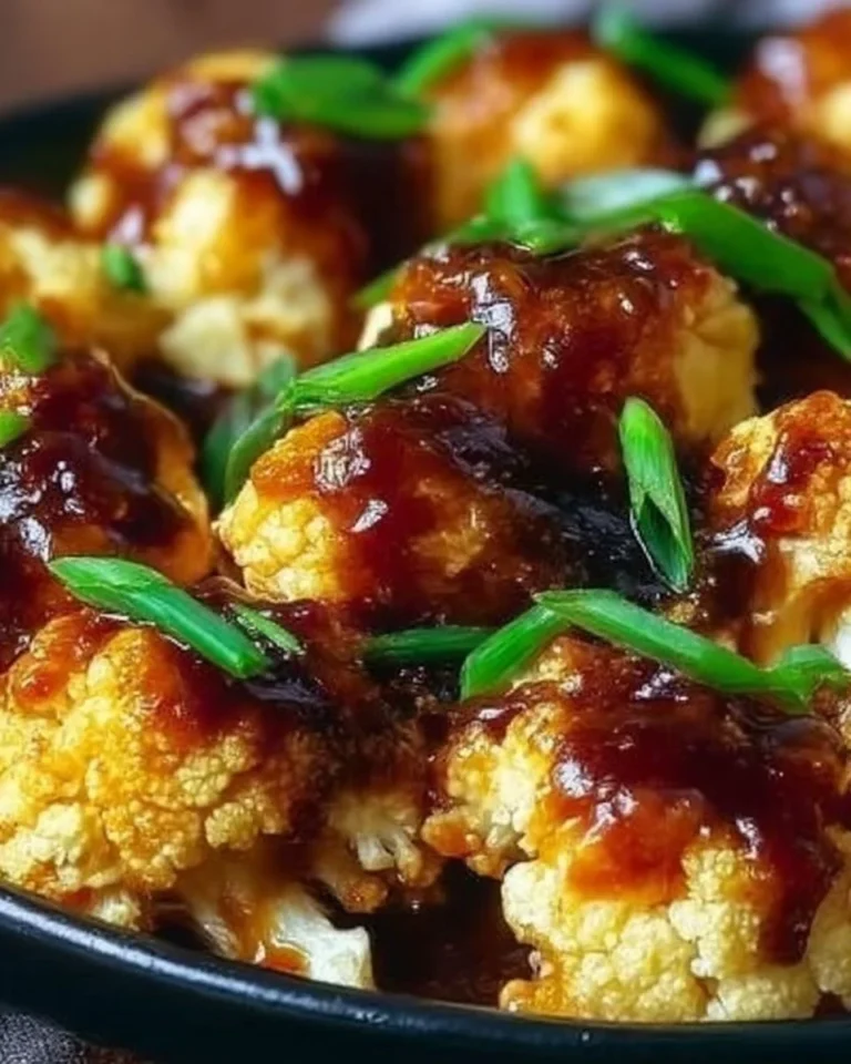 Plate of baked orange cauliflower garnished with herbs